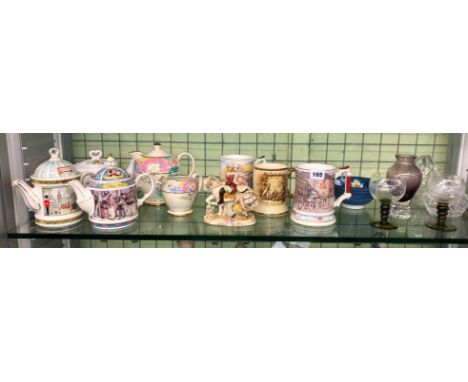 SHELF CONTAINING NOVELTY SADLERS TEAPOTS, ARTHUR WOODS CERAMIC MUGS, GLASS BASKETS AND AMETHYST GLASS VASE