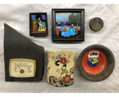 TWO DUTCH BUTTERFLY PICTURES, CRINOLINE LADY POWDER POT, CERAMIC CUP, CALENDAR, ETC