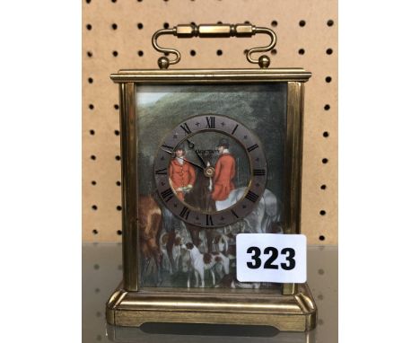 SWISS ACCTIM HUNSTMAN AND HOUNDS CARRIAGE CLOCK 9CM W X 7CM D X 11CM H