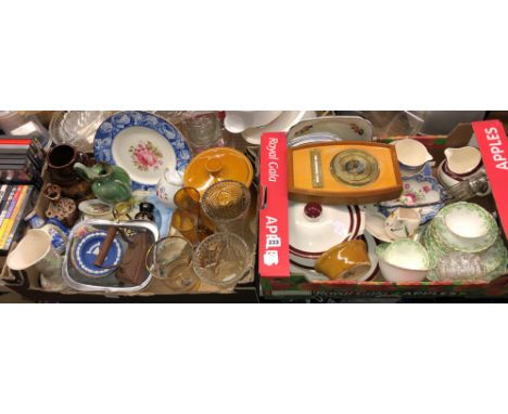 TWO CARTONS CONTAINING BAROMETER, TUREEN AND COVER, GLASS VASES, VARIOUS POTTERY, PART TEA SERVICE