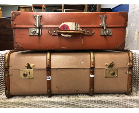 EARLY 20TH CENTURY BANDED CABIN TRUNK AND VINTAGE SPARTAN SUITCASE