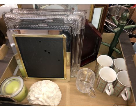 TWO GLASS PHOTOGRAPH FRAMES, CERAMIC MUGS, PRINTS