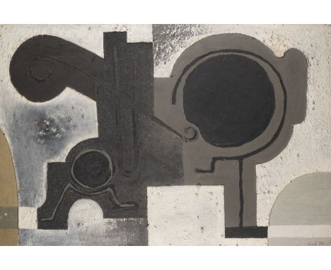 ANTAL BIRO1907 Pozsony, Ungarn - 1990 Székesfehérvár, UngarnABSTRAKTE KOMPOSITION (1955) Mischtechnik auf Platte. 60,5 x 89,5