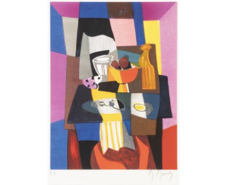 MARCEL MOULY1918 Paris - 2008 ebenda'STILLLEBEN MIT WEISS-GRAUEM TRINKGLAS' Farblithografie auf Velin. DM 28,8 x 21,8 cm, SM 