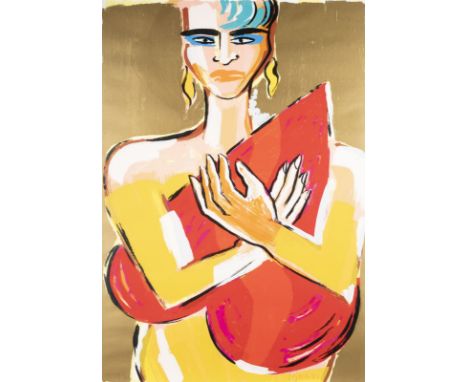 ELVIRA BACH1951 NeuenhainFRAU MIT HERZ (1997) Farbserigraphie. 100 x 70 cm (R. 101 x 71 cm). Unten rechts mit Bleistift signi