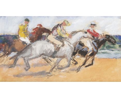 HANS VON FABER DU FAUR1863 Stuttgart - 1940 München'RENNEN AM MEER' Mischtechnik auf Papier. 14,6 x 19 cm (R. 35 x 3 cm). Unt