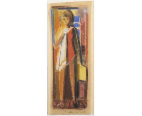 MAX ACKERMANN1887 Berlin - 1975 StuttgartSTEHENDE MIT BUCH (1929) Pastellkreiden auf Pergamentpapier. 34 x 14 cm (R. 56 x 34,