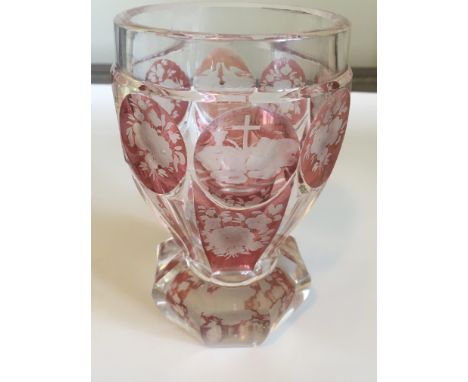 A Quality Bohemian 19th century overlay and etched firing glass with alternating panels etched with birds flowers anchor cruc
