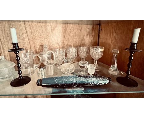GLASSWARE, NAILSEA ROLLING PIN, CANDLESTICKS, HONEY POT AND GOBLETS, ETC.