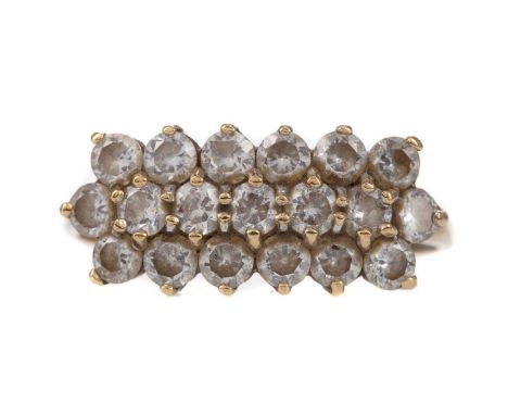 GEM SET RING,set with three rows of round white gems, in nine carat gold, size R, 2.5g