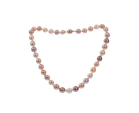 FANCY PEARL NECKLACE,comprising peach, pink, mauve and cream pearls, 43.5cm long, with nine carat gold ball clasp