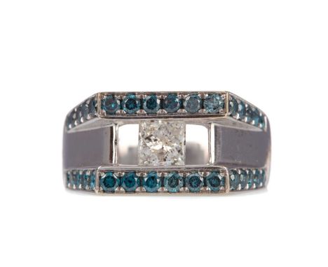 BLUE AND WHITE DIAMOND RING,the central princess cut diamond bordered by round blue diamonds, with Greek text to the outer sh