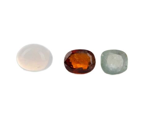 **THREE CERTIFICATED UNMOUNTED GEMSTONES,including 4.20 carat mixed cut hessonite garnet, 2.77 carat cabochon opal and 2.76 c