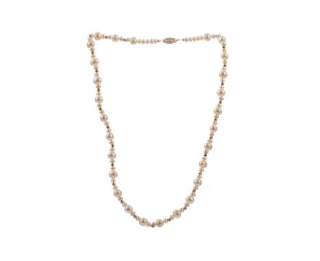 PEARL NECKLACE,with graduated pearls interspaced by gold balls, the clasp marked 375