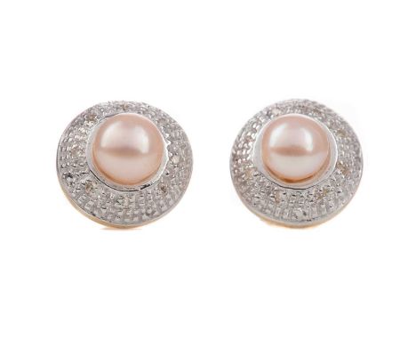 PAIR OF PEARL AND DIAMOND STUD EARRINGS,the pink/peach pearls within an illusion set diamond halo, marked 375, 1.9gCondition 