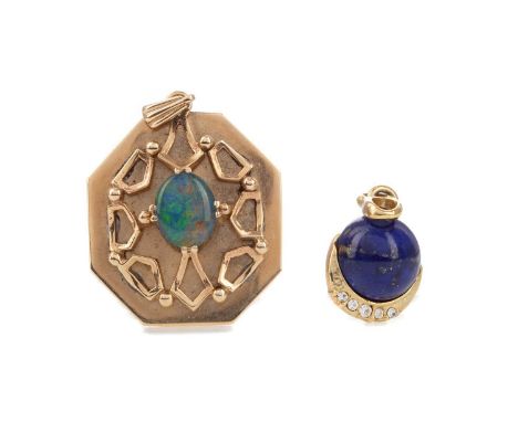 LAPIS LAZULI PENDANT,with cabochon lapis lazuli above graduated round white gems, to an unmarked yellow metal mount, along wi