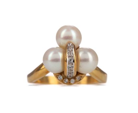 PEARL AND WHITE GEM SET RING,set with three cultured pearls spaced with rows of round white gems, in eighteen carat gold, siz