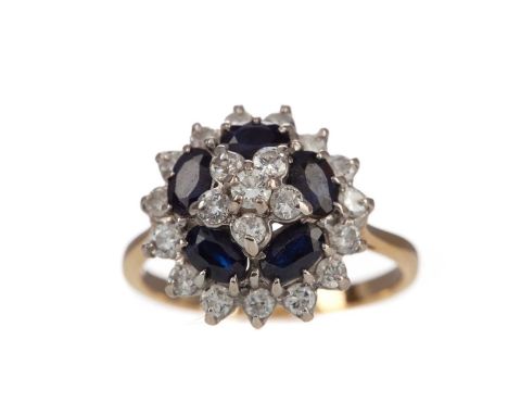 SAPPHIRE AND DIAMOND CLUSTER RING,set with oval sapphires and round brilliant cut diamonds totalling approximately 0.80 carat