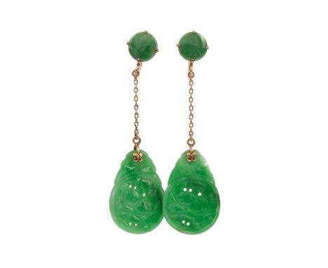 PAIR OF JADE EARRINGS,with carved jade section suspended from a screwback post, for non pierced ears, unmarked, 6.2gCondition
