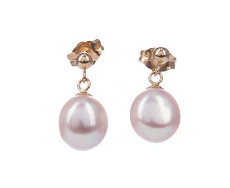 PAIR OF PEARL EARRINGS,the pinkish peach pearls suspended from a nine carat gold post, 1.9g
