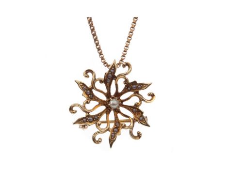 SEED PEARL PENDANT,of openwork design, set with seed pearls, marked 14K, with brooch pin to the reverse, on a nine carat gold