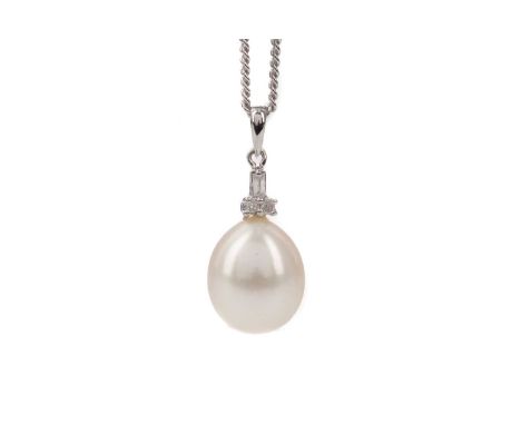 PEARL AND DIAMOND PENDANT,the teardrop shaped pearl to a diamond set bale, marked 375, on a silver chainCondition report: Lig