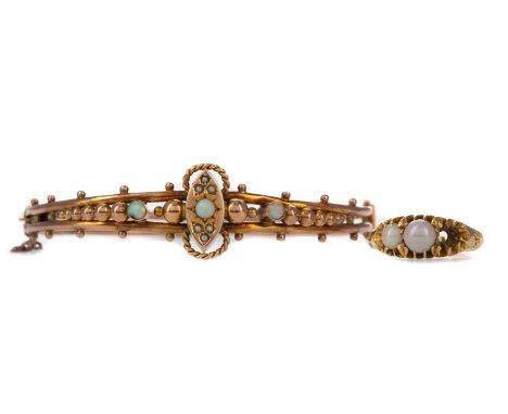 OPAL BANGLE,the navette shaped central section set with cabochon opal and seed pearls, flanked by two bezel set opals, with r