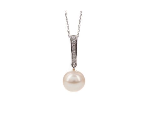 PEARL AND DIAMOND PENDANT,the spherical pearl suspended from a diamond set bale, marked 375, on a chain marked 10K, 1.9gCondi