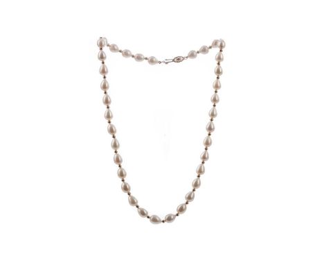 PEARL NECKLACE,formed by teardrop shaped pearls interspaced by gold beads, with nine carat gold clasp