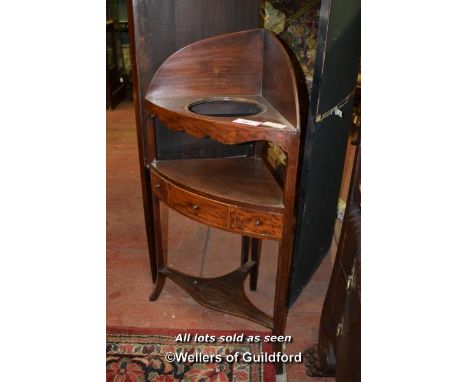 GEORGIAN MAHOGANY CORNER WASHSTAND WITH BASIN APERTURE AND SINGLE DRAWER, 107CM TALL (1405 DTS)