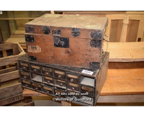 ONE SMALL TRAVEL TRUNK AND A SMALL BANK OF DRAWERS