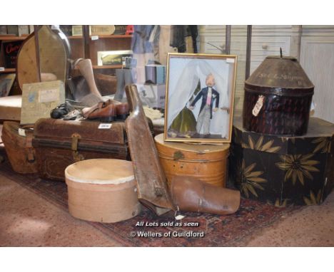 LEATHER HAT BOXES; BROWN LEATHER GOLF SHOES; TIN TRUNK; PLYWOOD AND TIN HAT BOXES