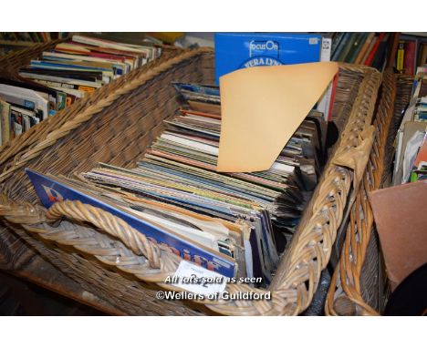 LARGE BASKET OF MIXED VINTAGE VINYL RECORDS OF DIFFERENT GENRES