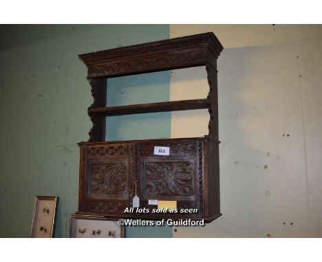 VICTORIAN CARVED OAK WALL HANGING CABINET WITH OPEN SHELF OVER CUPBOARD DOORS