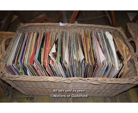 LARGE BASKET OF MIXED VINTAGE VINYL RECORDS OF DIFFERENT GENRES