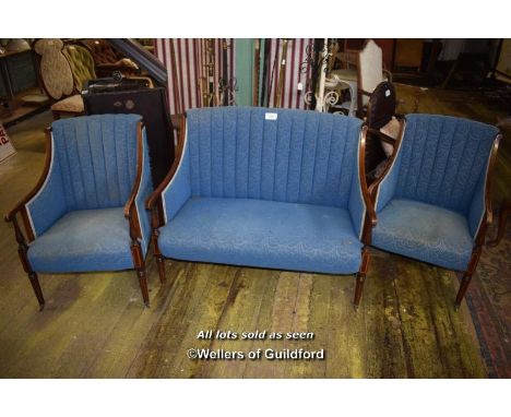 EDWARDIAN BEECH INLAID BLUE UPHOLSTERED LOUNGE SUITE COMPRISING A TWO SEATER SOFA AND TWO ARMCHAIRS