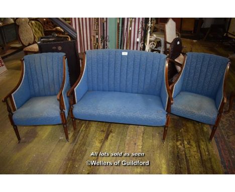 EDWARDIAN BEECH INLAID BLUE UPHOLSTERED LOUNGE SUITE COMPRISING A TWO SEATER SOFA AND TWO ARMCHAIRS