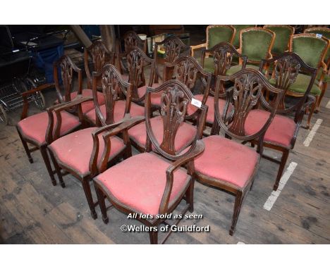 SET OF ELEVEN REPRODUCTION CHIPPENDALE STYLE SHIELD BACK DINING CHAIRS, WITH SEVEN CARVERS