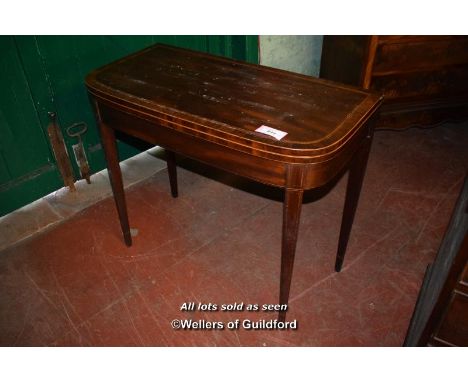 GEORGE III BOXWOOD INLAID MAHOGANY D SHAPED CARD TABLE ON TAPERING SQUARE LEGS, 91CM WIDE (SOR)