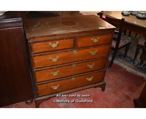 GEORGIAN MAHOGANY CROSSBANDED OAK CHEST OF TWO SHORT AND THREE LONG DRAWERS ON BRACKET FEET, 95CM X 94CM