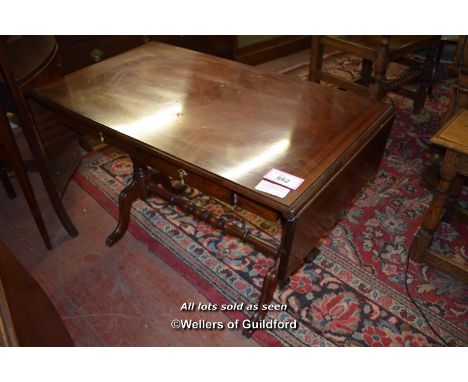 REPRODUCTION MAHOGANY SOFA TABLE WITH DROP LEAVES AND TWO FRIEZE DRAWERS, 59CM HIGH (1909 DTS)