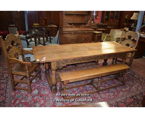 PLANK TOP OAK REFECTORY TABLE WITH CLEATED ENDS, RAISED ON TURNED STRETCHERED SUPPORT, 243CM X 88CM, PAIR OF OAK BENCHES ON T