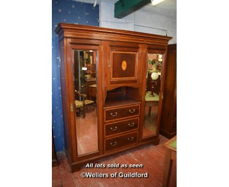 EDWARDIAN INLAID MAHOGANY TRIPLE WARDROBE WITH CENTRAL CUPBOARD OVER OPEN SHELF WITH THREE DRAWERS BELOW, FLANKED BY MIRRORED