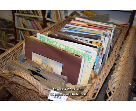 LARGE BASKET OF MIXED VINTAGE VINYL RECORDS OF DIFFERENT GENRES