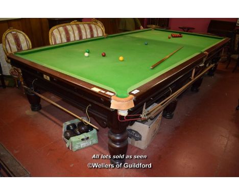 FULL SIZE SLATE BED MAHOGANY BILLIARDS TABLE BY COX &amp; YEMAN, WITH SET OF BILLIARD BALLS, CUES, TRIANGLE AND OVERHEAD LIGH