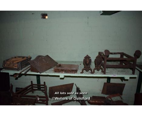 SHELF OF MIXED FIREPLACE ACCESSORIES INCLUDING FIRE DOGS AND BASKET