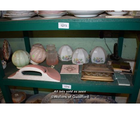 SHELF OF MIXED WARES MAINLY GLASS SHADES