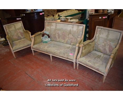 EARLY 20TH CENTURY  THREE PIECE SUITE WITH CREAM PAINTED SHOW FRAME AND TAPESTRY STYLE MATERIAL