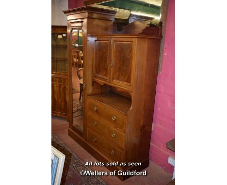 EDWARDIAN INLAID MAHOGANY WARDROBE UNIT, MIRRORED DOOR BESIDE TWO DOORS WITH OPEN SHELF AND THREE DRAWERS BELOW, 209CM X 150C