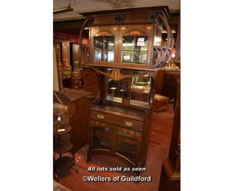 ARTS AND CRAFTS MAHOGANY BRASS INLAID DISPLAY CABINET WITH TWO GLAZED DOORS OVER OPEN SHELF WITH SINGLE DRAWER BELOW, 198CM X